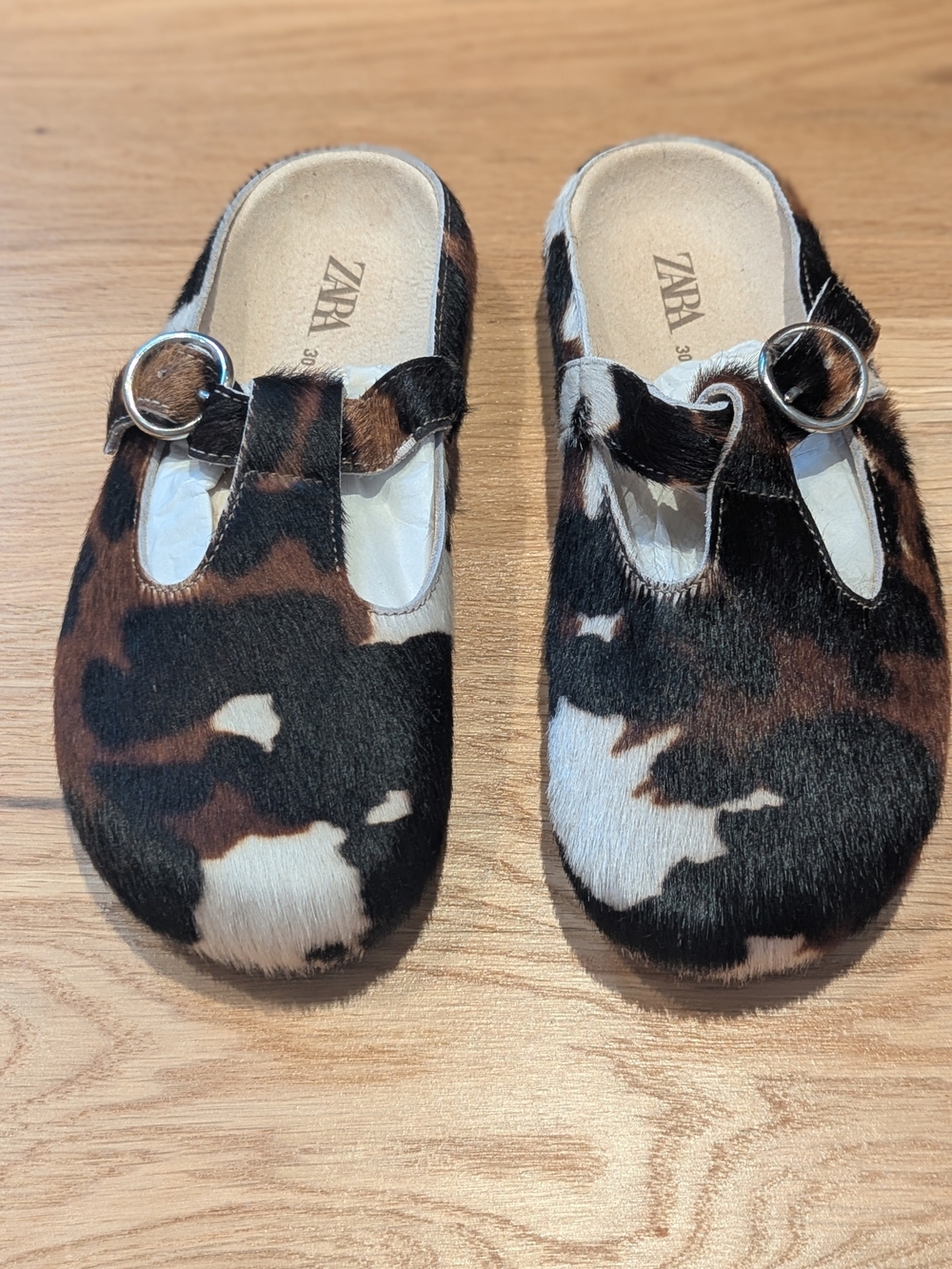 Zara Girls Cowhide-Pattern Mary Janes in Black, Brown & White